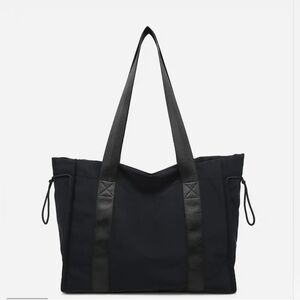 Black Lydia Drawstring Nylon Tote w/ Contrast Handle